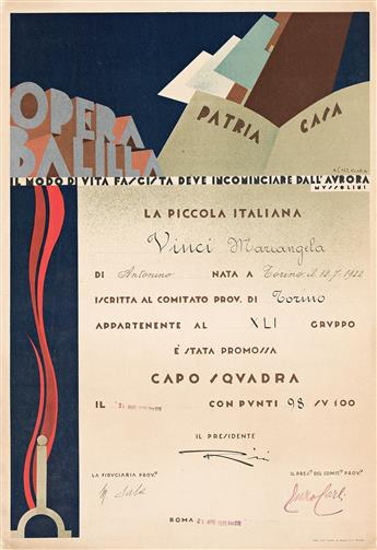 ATTILIO CALZAVARA (1901-1952) & OTHERS.  [OPERA NAZIONALE BALILLA]. Group of 7 diplomas. Circa 1935. Sizes vary, each approximately 19½